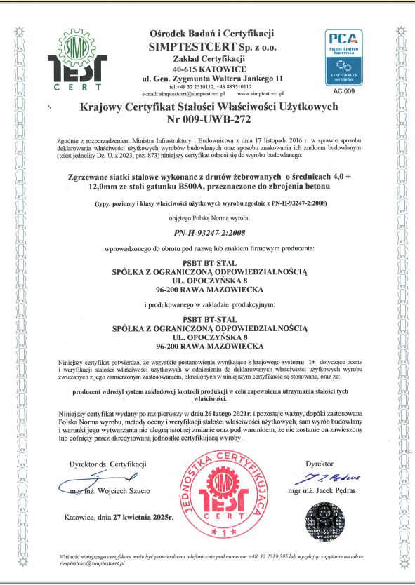 Certyfikat Stałości Właściwości Użytkowych