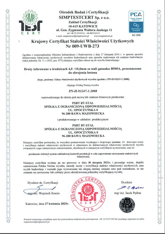 Certyfikat Stałości Właściwości Użytkowych